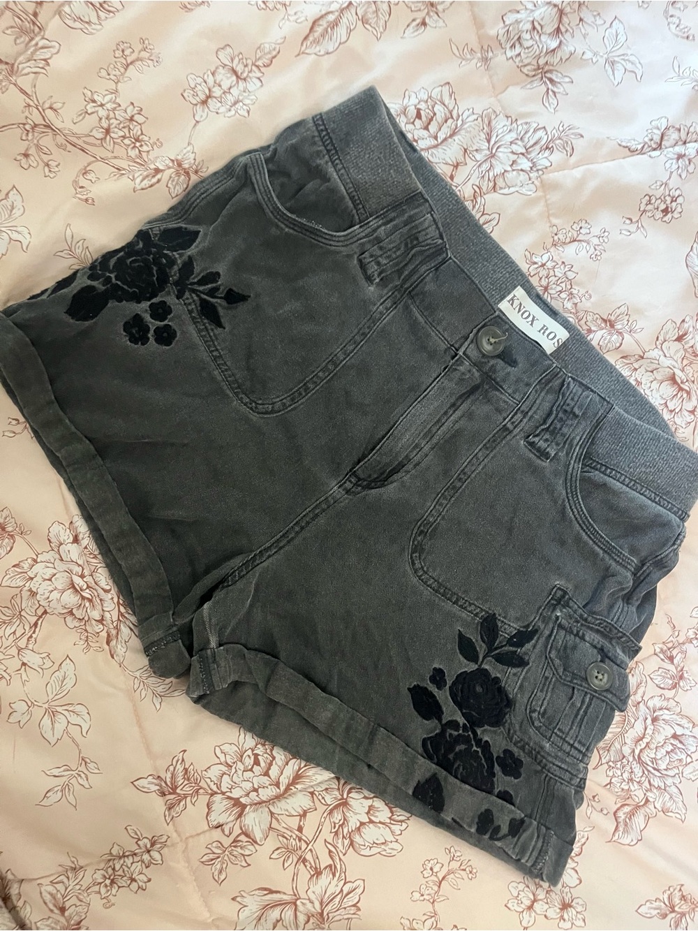 Knox Rose Charcoal Black Floral Velvet Appliqué Jean Shorts